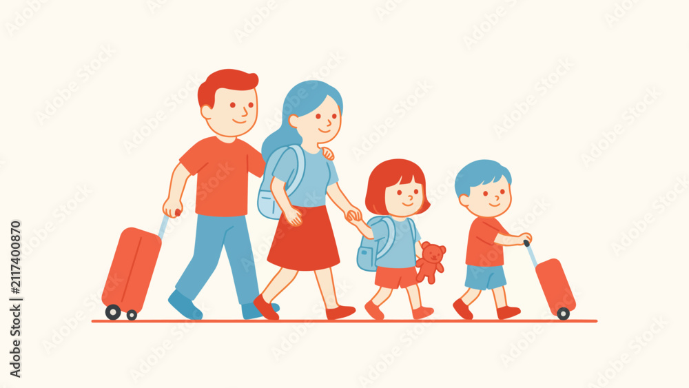 Fototapeta premium Cartoon family traveling together with luggage on vacation suitcase children together illustration traveling