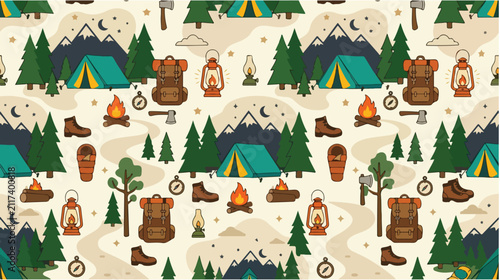 Seamless pattern with camping equipment tents mountains and pine trees for outdoor adventure design.