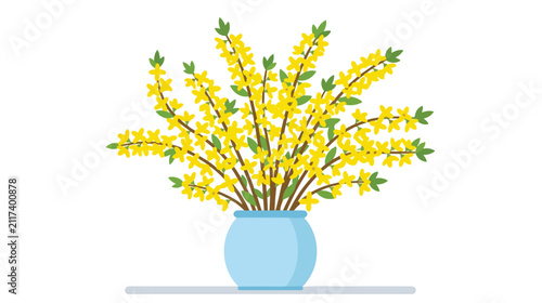 A beautiful bouquet of yellow forsythia flowers in a blue ceramic vase.