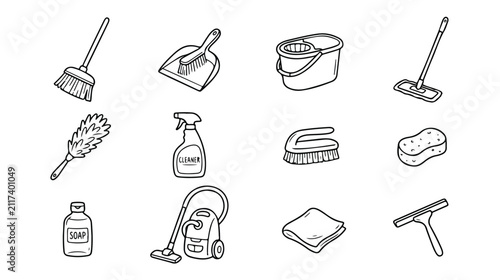 Set of hand drawn cleaning supplies icons for housekeeping and domestic chores.