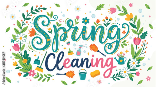 Spring cleaning decorative illustration with floral wreath and household cleaning tools on white background.