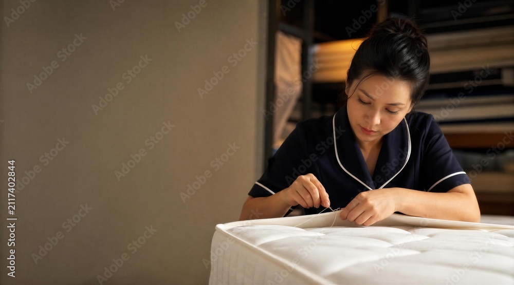 Obraz premium Woman hand stitching mattress edge in workshop