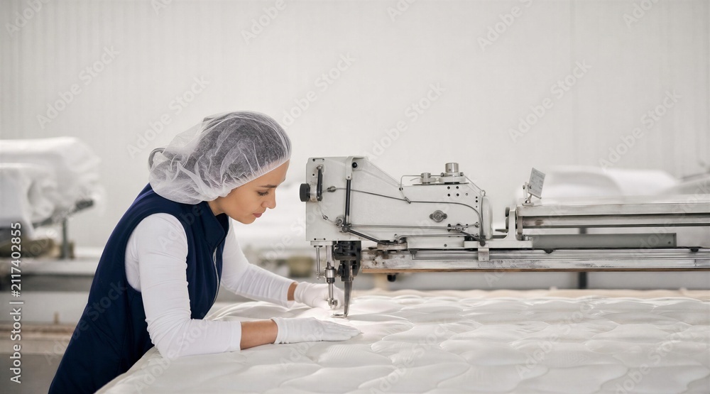 Obraz premium Factory worker quilting mattress on industrial sewing machine