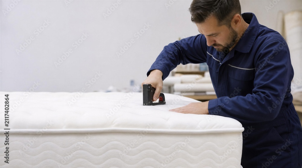 Obraz premium Worker stapling mattress in manufacturing workshop