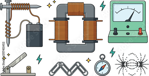 Quadro su tela Electromagnetism Concept Illustration with Coils, Compass, and Scientific Tools