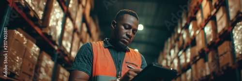 Warehouse worker checking inventory list on tablet in industrial warehouse. Adult male worker focused on task, surrounded by rows of cardboard boxes on shelf