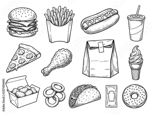 Fast food collection, hand drawn black and white doodle sketch, isolated burger pizza snack icons.