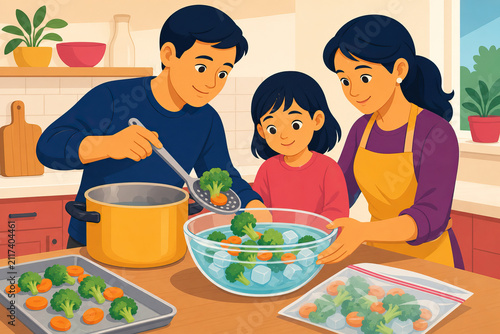 Family blanching vegetables in a kitchen for freezing, preparing healthy food and teaching cooking skills
