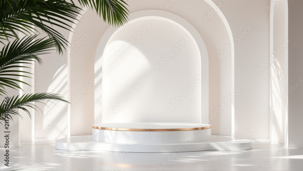 Fototapeta premium Minimalist stage design. White pedestal, arched backdrop, tropical leaves. Soft lighting creates dramatic shadows, elegant presentation space.