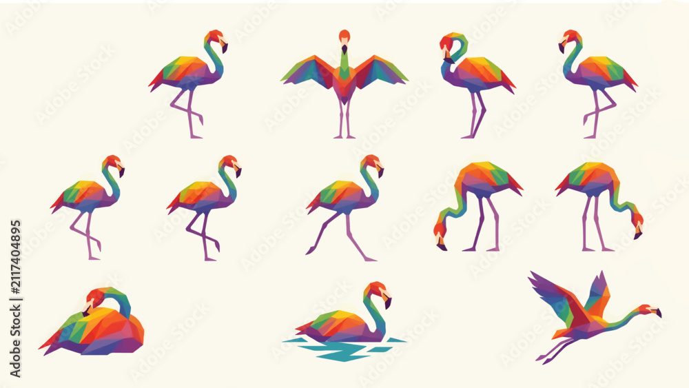 Fototapeta premium Geometric Flamingo Icons in Rainbow Colors, Low Poly Style, Various Poses Including Standing, Walking, Flying, and Swimming, Vector Illustration