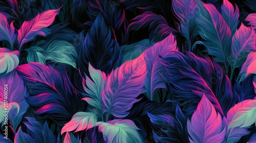 Vibrant, stylized leaves with neon pink, blue, and teal hues on black