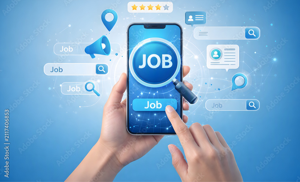 Fototapeta premium Online Job Search App on Smartphone with Digital Recruitment and Career Concept