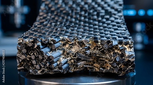 Macro cross section of carbon fiber reinforced composite weave with epoxy resin bonding and internal stress network