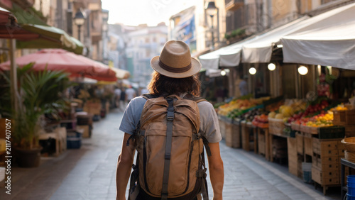 Backpacker city market street hat backpack travel tourism outdoor shopping