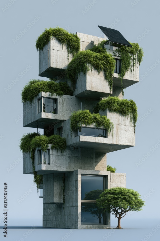 Obraz premium Abstract concrete tower with green foliage and trees, against a light sky