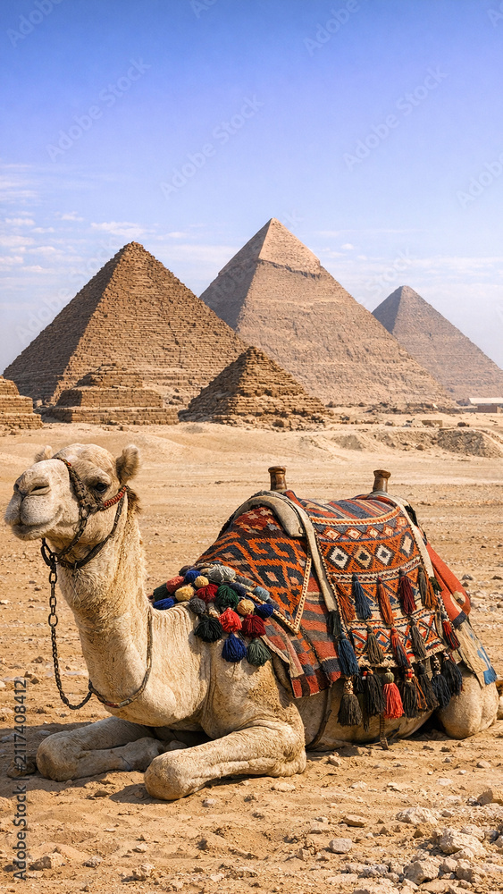 Fototapeta premium A camel lying down with the Pyramids of Giza in the background during sunset.