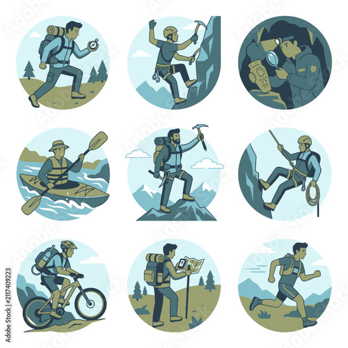 Circular icons for outdoor adventure and hiking.
