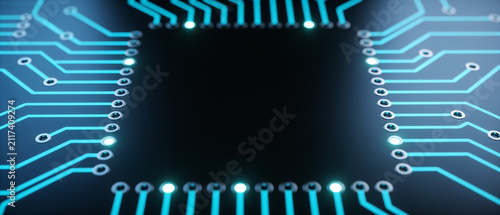 High tech microchip border template with glowing circuit connections for digital presentations