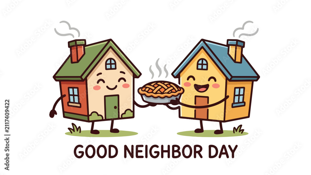 Fototapeta premium Neighborly Houses Sharing a Warm Pie for Community Connection Day