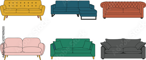 Canvastavla Living Room Sofas and Couches Vector Icon Set with Mid Century Modern Tufted Che