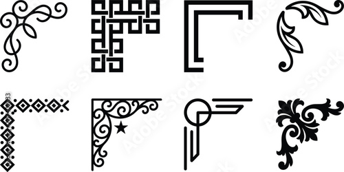 Decorative corner ornament collection, elegant border vector illustrations, featuring floral geometric vintage frame embellishment elements together
