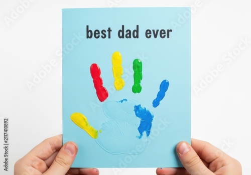 Handprint card celebrating best dad ever with colorful fingerprints