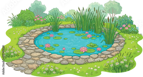 Fotografie Beautiful garden pond vector illustration with blooming pink water lilies green