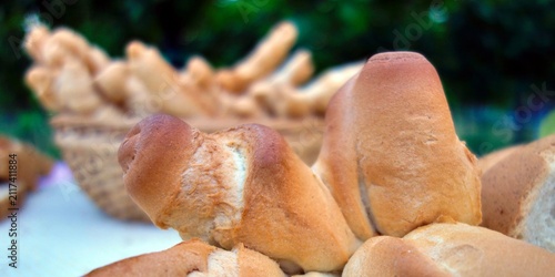 Close-up of freshly baked bread rolls with a golden-brown crust