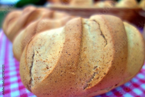 Close-up of freshly baked bread rolls with a golden-brown crust