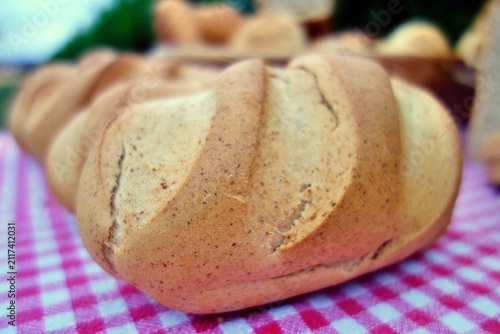 Close-up of freshly baked bread rolls with a golden-brown crust
