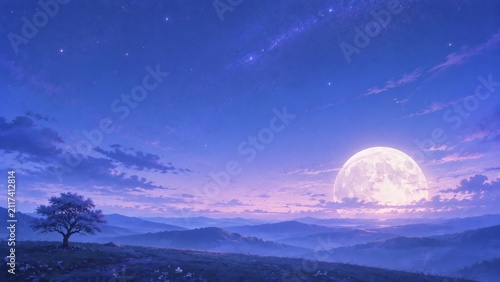 Generative AI anime-style scenery featuring an enormous full moon rising behind distant hills with a lonely tree, soft blue and lavender tones, peaceful atmosphere, and open sky.