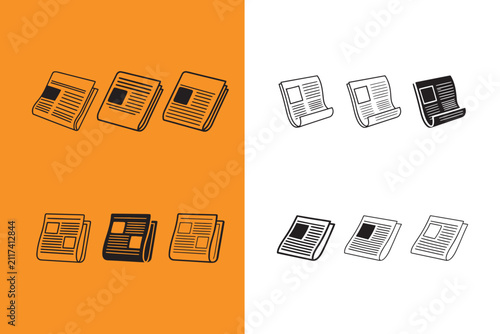 Newspaper icons in different colors and styles on white and orange backgrounds