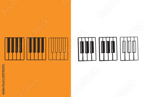 Piano keyboard keys icons in different styles and colors on white and orange backgrounds
