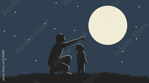 Fotografie Silhouettes of Father and Son Watching Full Moon and Starry Night Sky