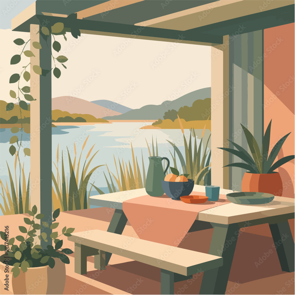 Fototapeta premium Lakeside Dining Porch Illustration With Table Plants Large Window And Calm Water View