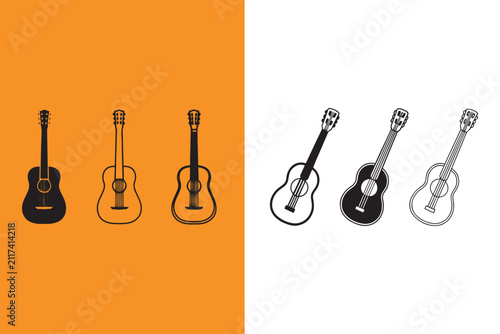 Six acoustic guitars in different styles on orange and white backgrounds