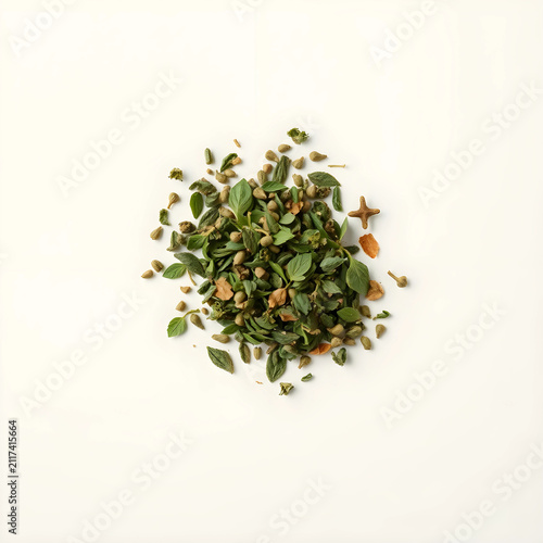 Pile of dried green herbs a...