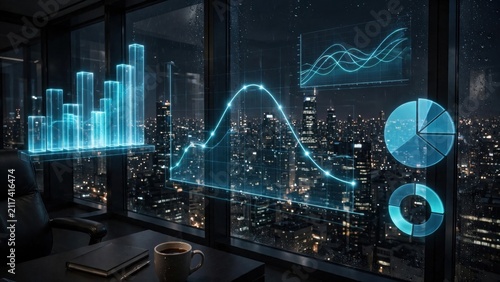 Futuristic Financial Data Visualization Overlooking a Cityscape at Night.