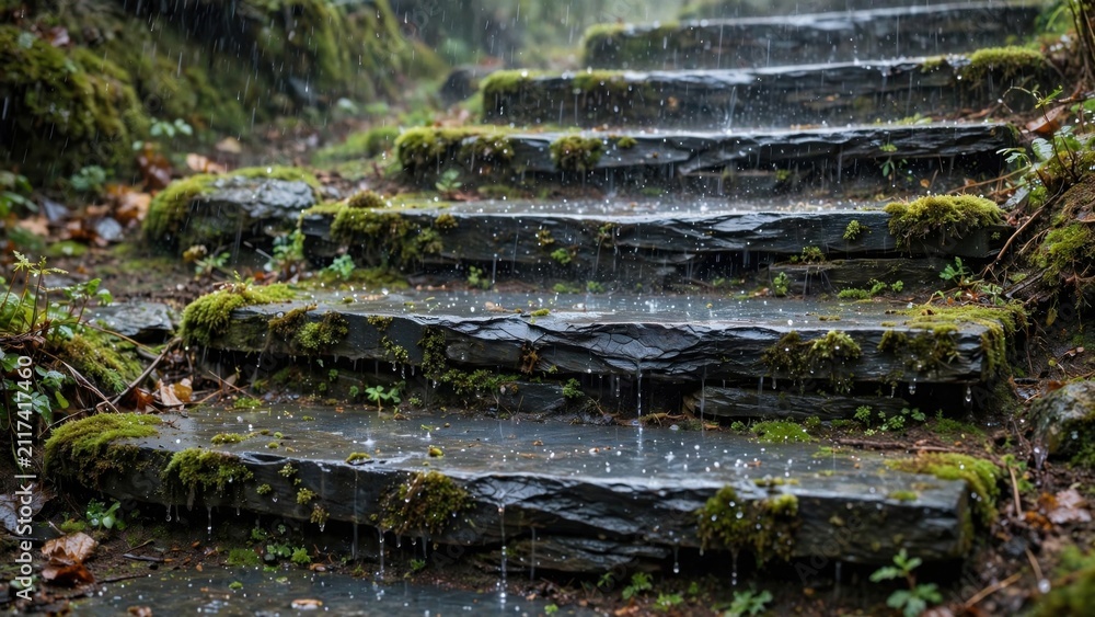 Fototapeta premium Mossy Stone Steps Descending into a Misty Forest.
