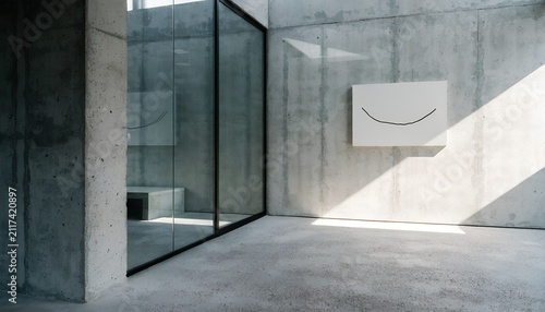 Minimalist concrete corridor with smiley face graffiti. Abstract urban hallway featuring modern industrial design and playful wall art.