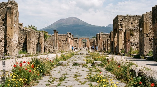 A scenic view of the ancient ruins of Pompeii in Italy, featuring cobblestone streets lined with historic brick walls and vibrant wildflowers, with Mount Vesuvius looming majestically in the distance