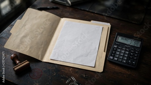 Open Folder with Documents and Calculator on Wooden Desk.