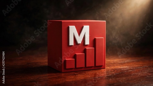 Red Cube with Bar Chart and Letter M Symbolizing Business Growth.