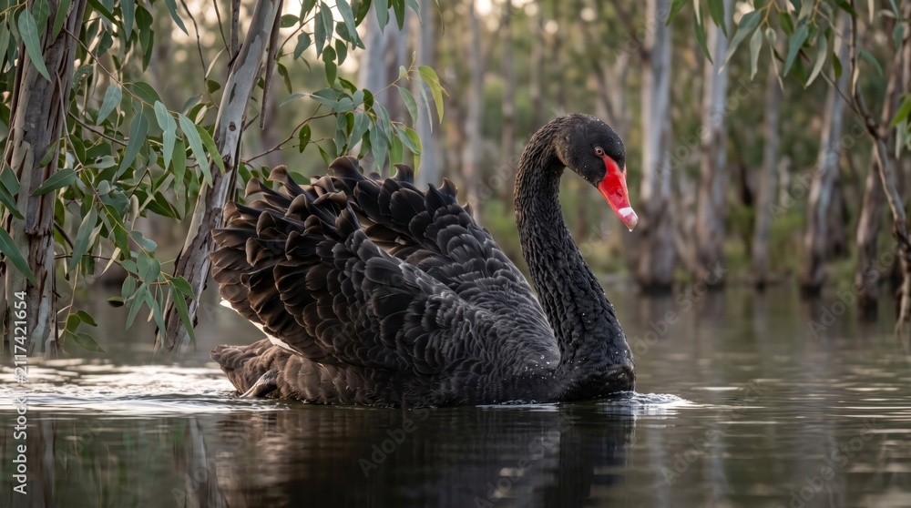 Fototapeta premium black swan (cygnus atratus) swimming through an australian eucalyptus wetland