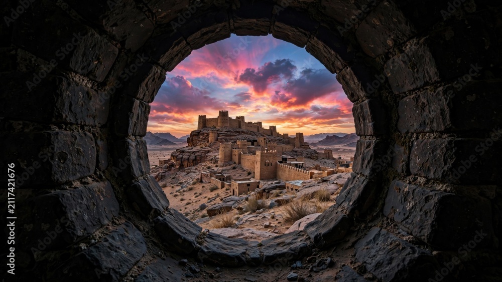 Naklejka premium Ancient Fortress Ruins Under a Dramatic Sunset Sky Viewed Through a Circular Window.