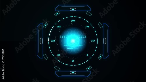 Futuristic digital hud display with glowing neon blue central core and geometric tech elements rotating on dark background, science fiction interface