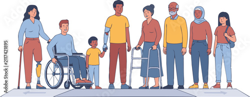 Diverse group of people standing together in an inclusivity and accessibility vector illustration representing community and equal rights