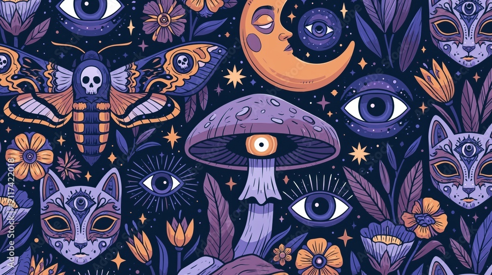 Naklejka premium Dark Whimsical Seamless Pattern with Cat Skull, Mushrooms and Floral Eye Elements Gothic Style