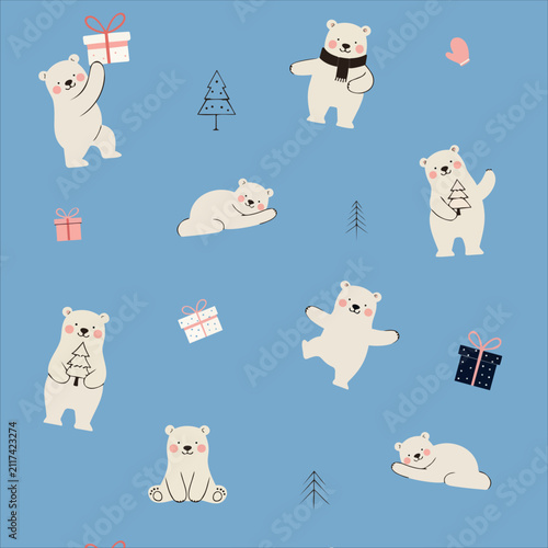 Cute Winter Polar Bear Seamless Patterns Set: Christmas Background Collection with White Bears and Gifts