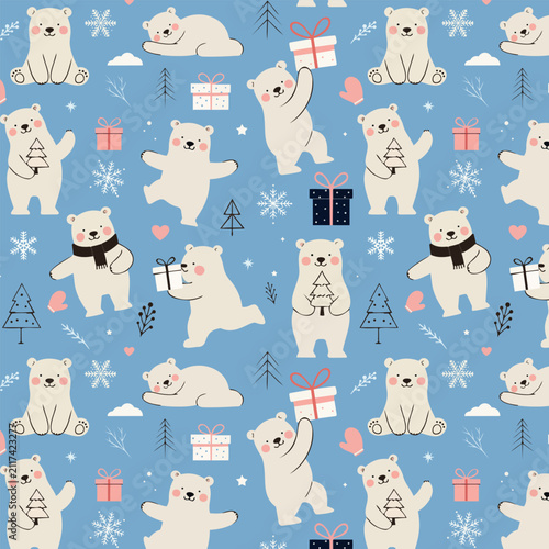 Cute Winter Polar Bear Seamless Patterns Set: Christmas Background Collection with White Bears and Gifts